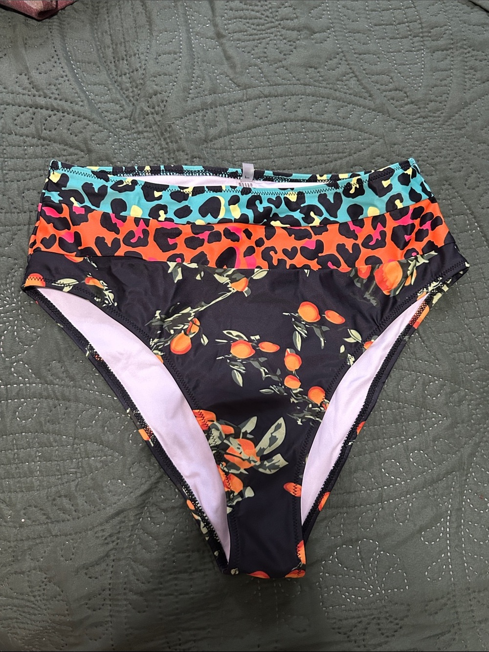 Amazon Black High-Waist Bikini Bottoms with Orange Fruit and Teal Leopard Trim
